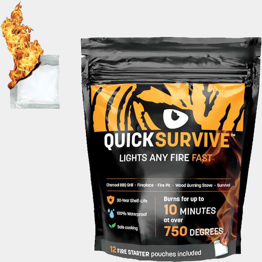A light gray background product photo of the QuickSurvive Fire Starter 12 pack with a fire starter pouch on fire in the top left corner.