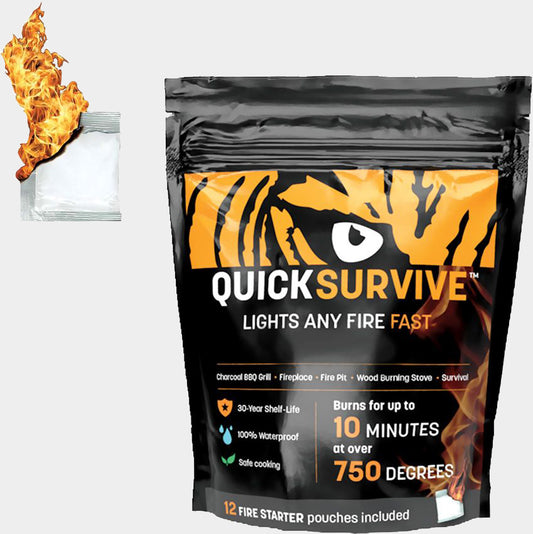 A light gray background product photo of the QuickSurvive Fire Starter 12 pack with a fire starter pouch on fire in the top left corner.