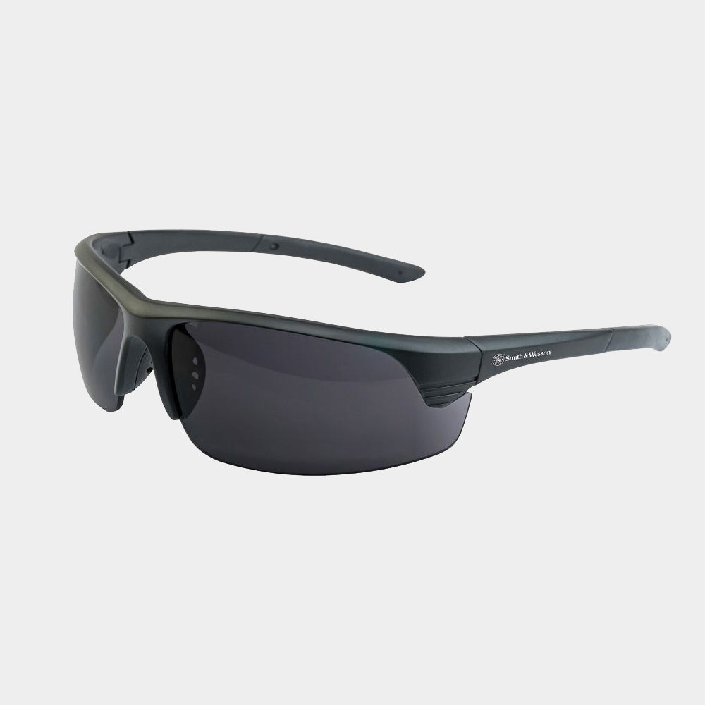 A light gray background product photo of the Smith & Wesson Corporal Shooting glasses with black smoked lens.